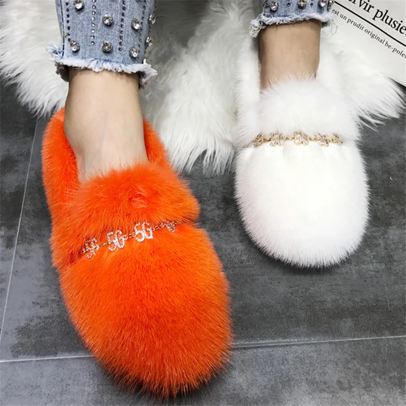 

Orange Mink Fur Women Flats Chains Decor Casual Moccasins Ladies Driving Shoes Winter Warm Fur Creepers Zapatos Mujer Loafers