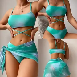Traje de baño degradado de 3 piezas para mujer, Bikini de corte alto con cordones y falda de playa