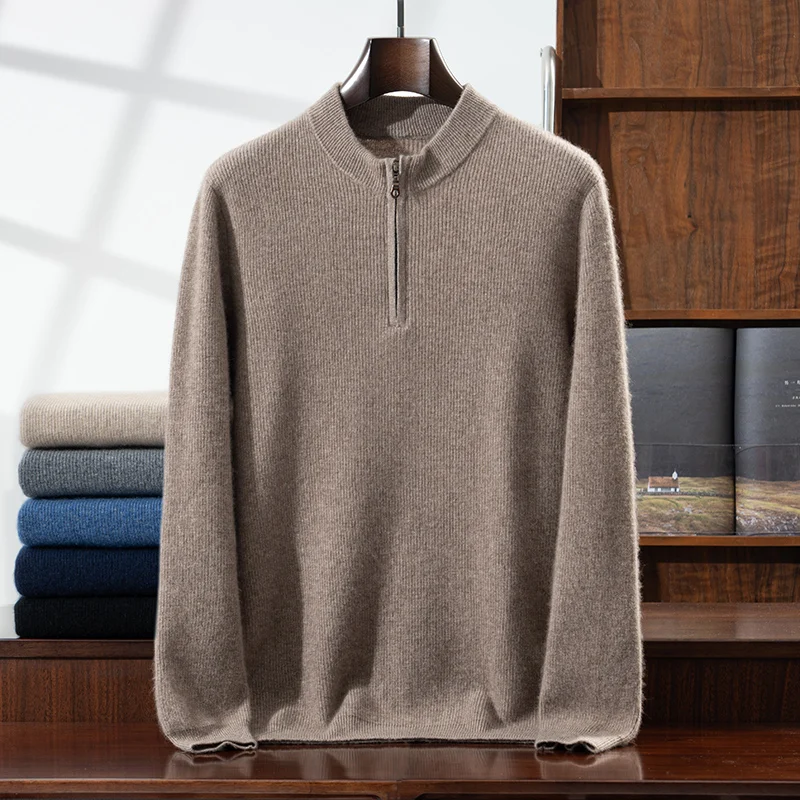 "100% Goat Cashmere Sweater Men's Semi-Turtleneck Pullover - Soft Warm Knit Jumper for Business Casual & Autumn Winter Men's Top