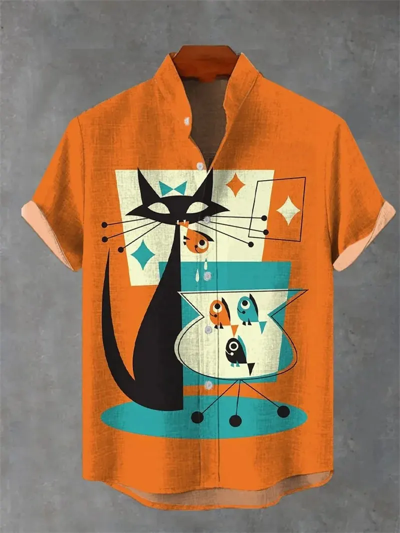 2025 fashionable men's 3D printed cat design pattern men's button up collar comfortable and breathable casual plus size linen sh