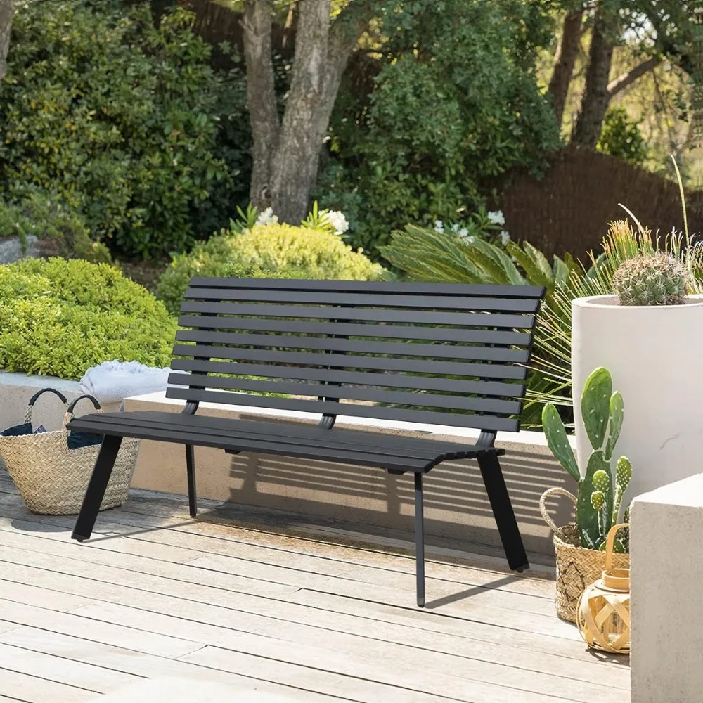 

Outdoor Aluminum Garden Bench, Patio Porch Chair Furniture, Slatted Design w/Backrest, Dark Grey