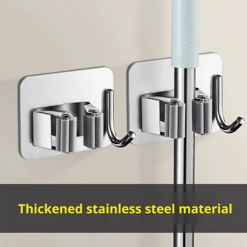Premium Stainless Steel Drill-Free Mop Broom Holder, Multifunctional Wall Mounted Bathroom Hanging Rack