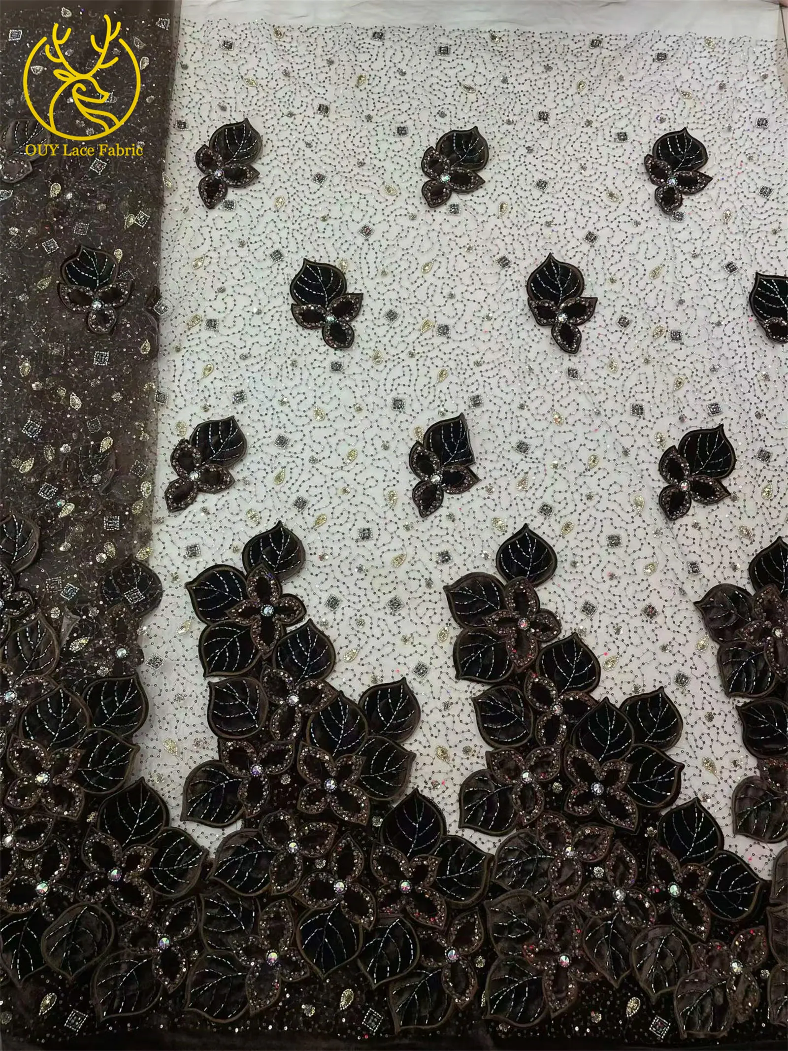 Weinroter Luxus Afrikanischer Samt DIY Handgemachte Stickerei Blatt-Pailletten Spitzenstoff 2026 Französischer Bräutigam Perlen-Spitzenstoff Kleid – Detail 8