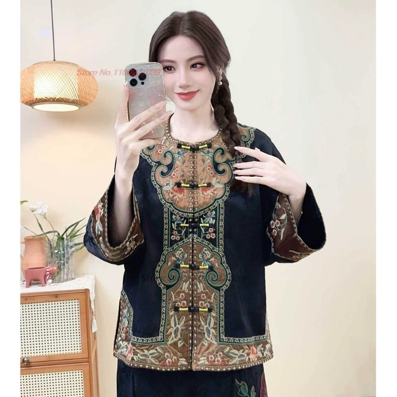 

2025 traditional chinese vintage coat national flower embroidery hanfu tops satin jacquard o-neck folk jacket retro ethnic coat