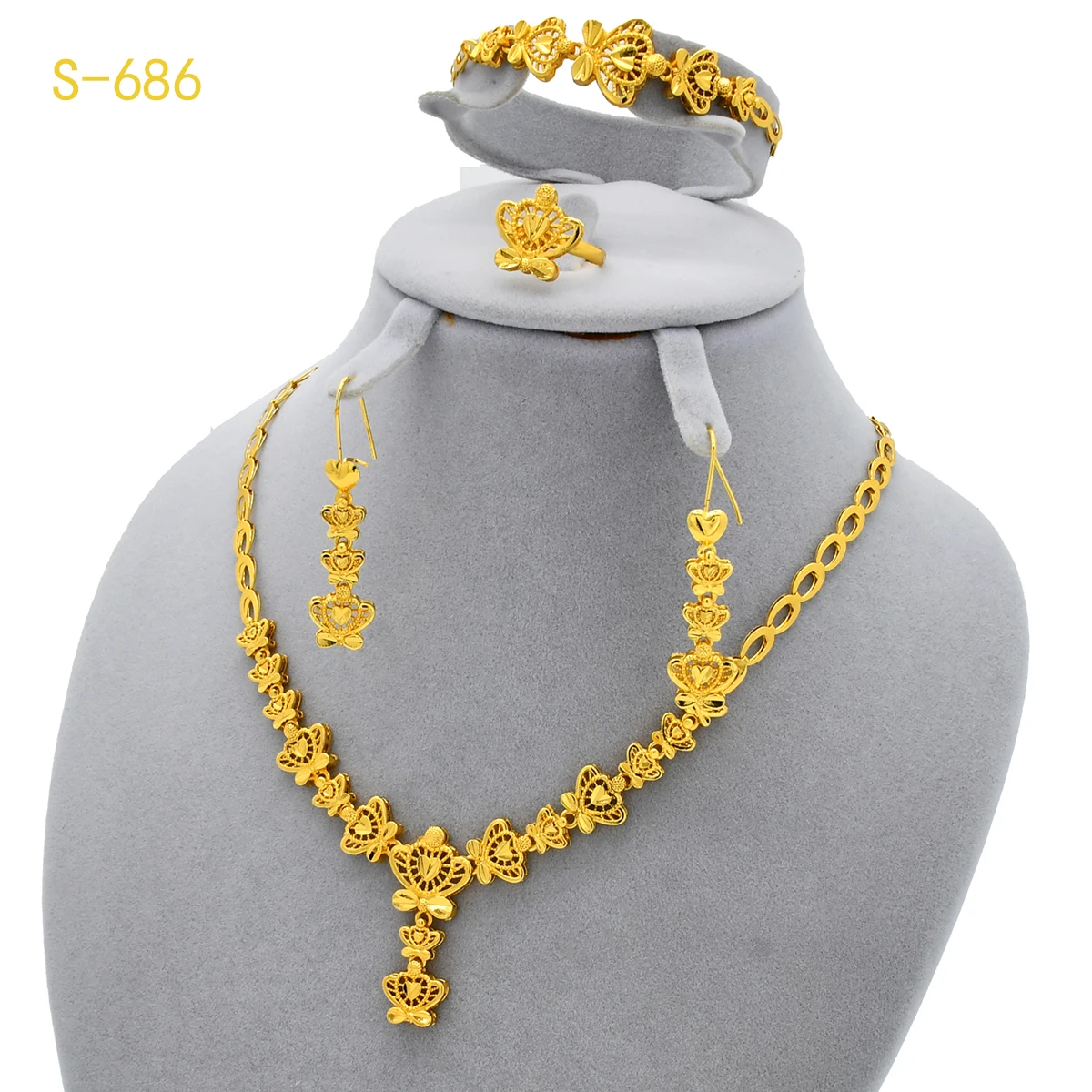 Dubai 24k Gold Color Elegant Flower Necklace Earrings Ring Bracelet Set for Women Africa Jewelry Sets Daily Wear Accessories New