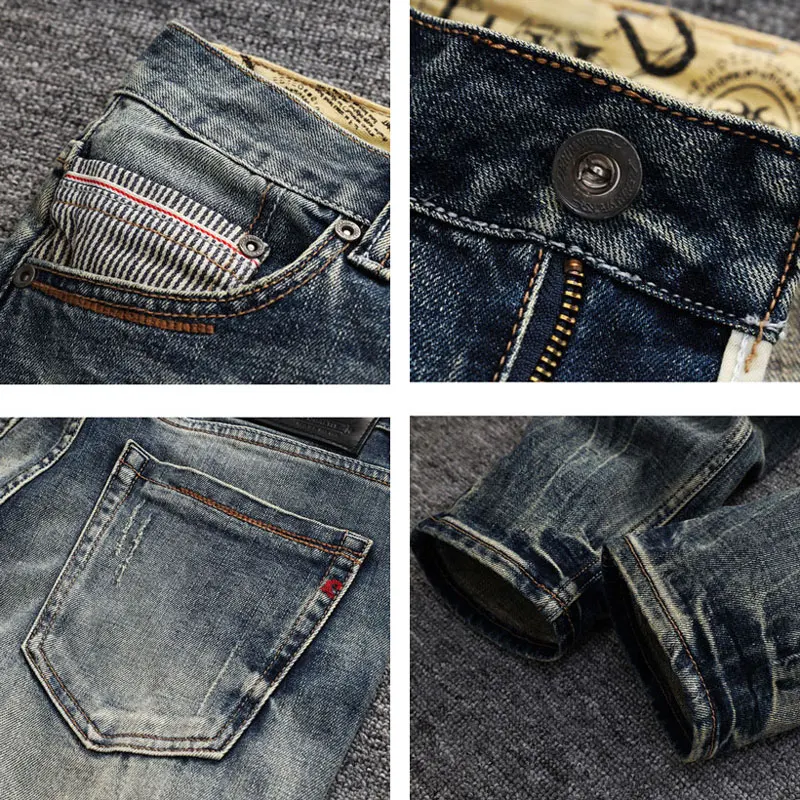 Fashion Designer Men Jeans High Quality Retro Blue Stretch Slim Fit Ripped Jeans Men Classical Trousers Vintage Pants Hombre