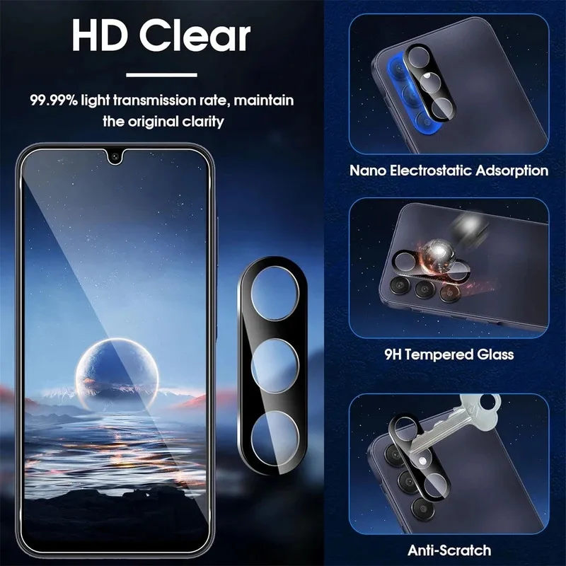 3+3 팩 갤럭시 A25 5G 스크린 보호필름 + 카메라 렌즈 보호필름, 9H 경도, 스크래치 방지, 기포 없음, HD 강화유리