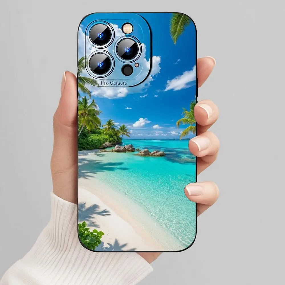 حافظة هاتف أنيقة على الشاطئ باللون الأسود لهاتف iPhone11/12/13/14/15 16 17 Pro Max Pro Plus حافظة هاتف، هدية رائعة