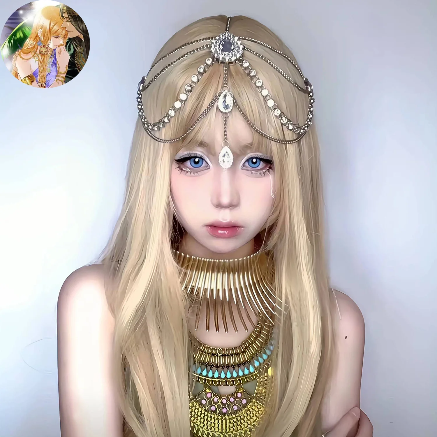 Peluca Cos de concubina del faraón "Aivees and the Song of the Sea", flequillo de aire largo y recto blanco lechoso