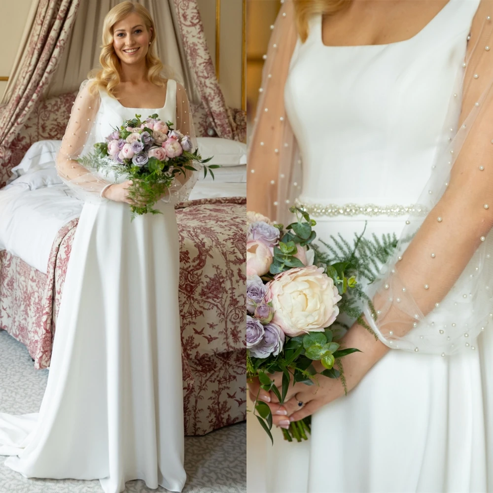 

Customized Romantic Pearls Wedding Dresses Classic White Jersey Sweep Train Cap Sleeve Evening Gowns Simple A-Line Bridal Party