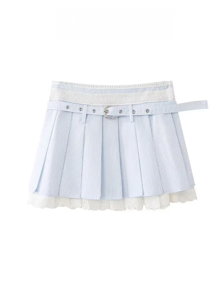 Épicée fille dentelle garnie Plaid plissé ort jupe femmes printemps été collège Sle petite taille a-ligne Anti-lumière f jupe