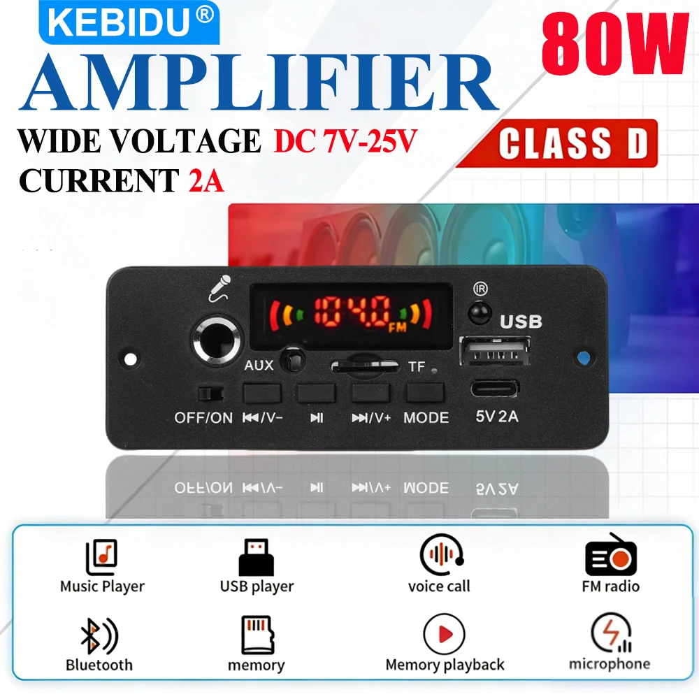 KEBIDU - Amplificador de 80 W con Bluetooth 5.0, Decodificador MP3 WMA, Reproductor MP3 de 12 V CC, Módulo Reproductor de Audio para Automóvil, Micrófono, Radio, TF, FM, AUX, Grabación