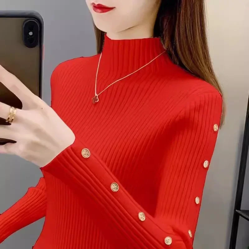 Pop Popเสื้อกันหนาวสีทึบสําหรับผู้หญิงฤดูใบไม้ร่วงและฤดูหนาว2024ใหม่Slim Fitแขนยาวถักเสื้อกันหนาวสําหรับหญิงอเนกประสงค์T-