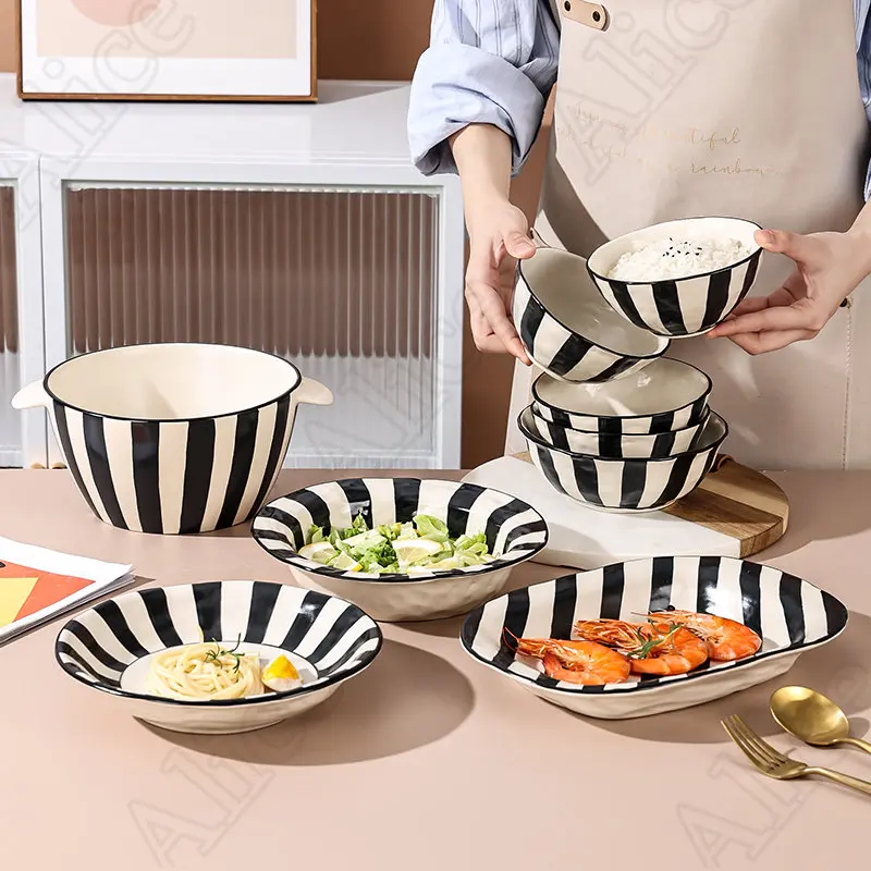 Black White Striped Ceramic Plate Salad Bowl Nordic Simple Spaghetti Dinner Plates Soup Bowls Solid Color Household Tableware