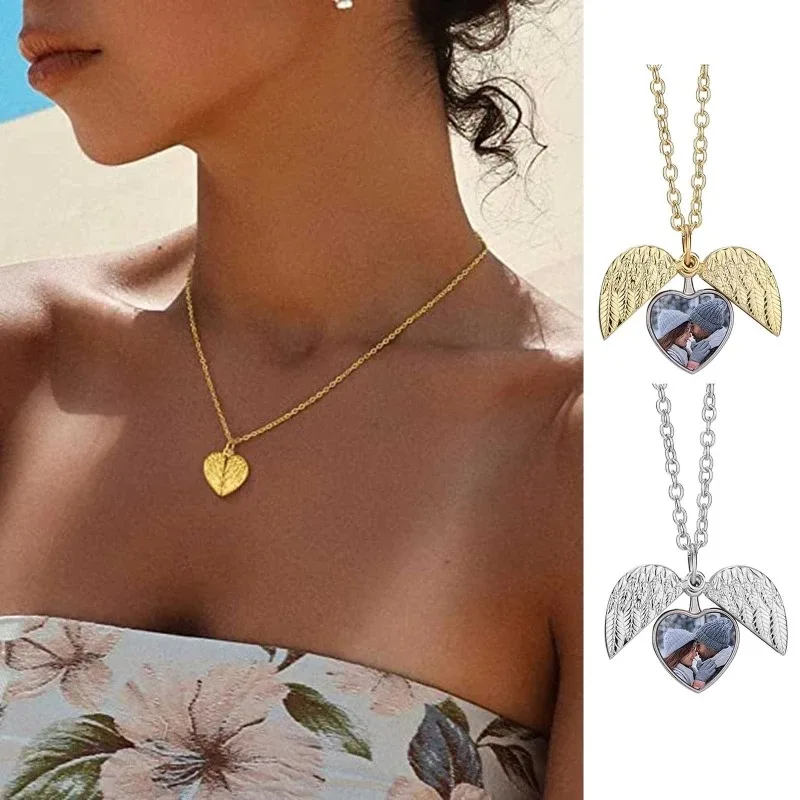 Custom Photo Heart Locket Necklace Personalized Picture Angel Wings Locket Necklace Customized Text Name Men Momen Jewelry Gifts view 5