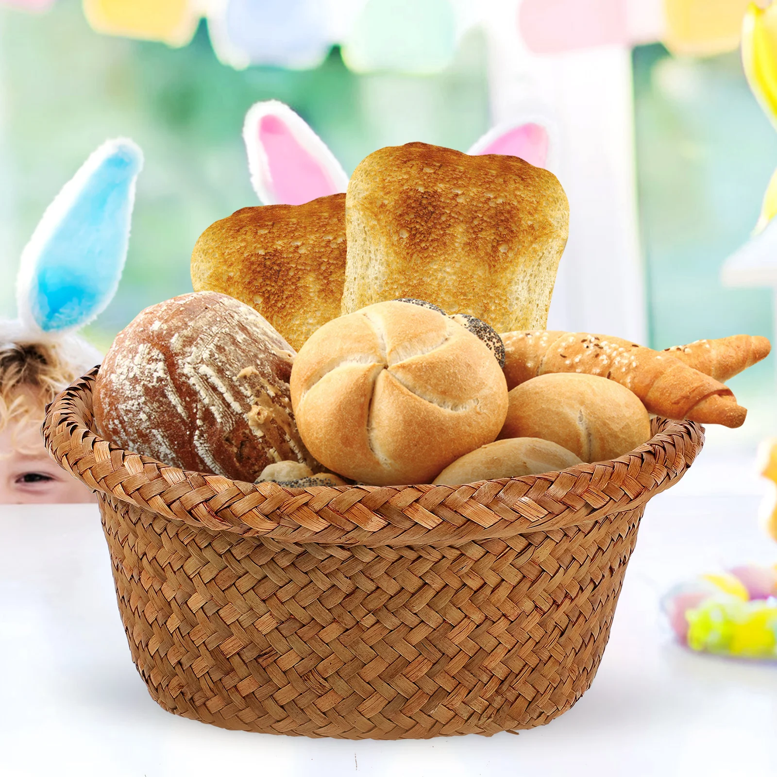 

1pc Straw Woven Storage Basket Handwoven Kitchen Organizer Bread Fruits Snacks Indoor Outdoor Use Portable