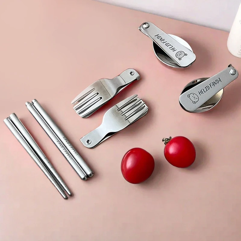 304 الفولاذ المقاوم للصدأ للطي إيري مجموعة قابلة لإعادة الاستخدام المحمولة شوكة ملعقة عيدان أواني الطعام نزهة أدوات المائدة القابلة للطي غسالة صحون آمنة #2