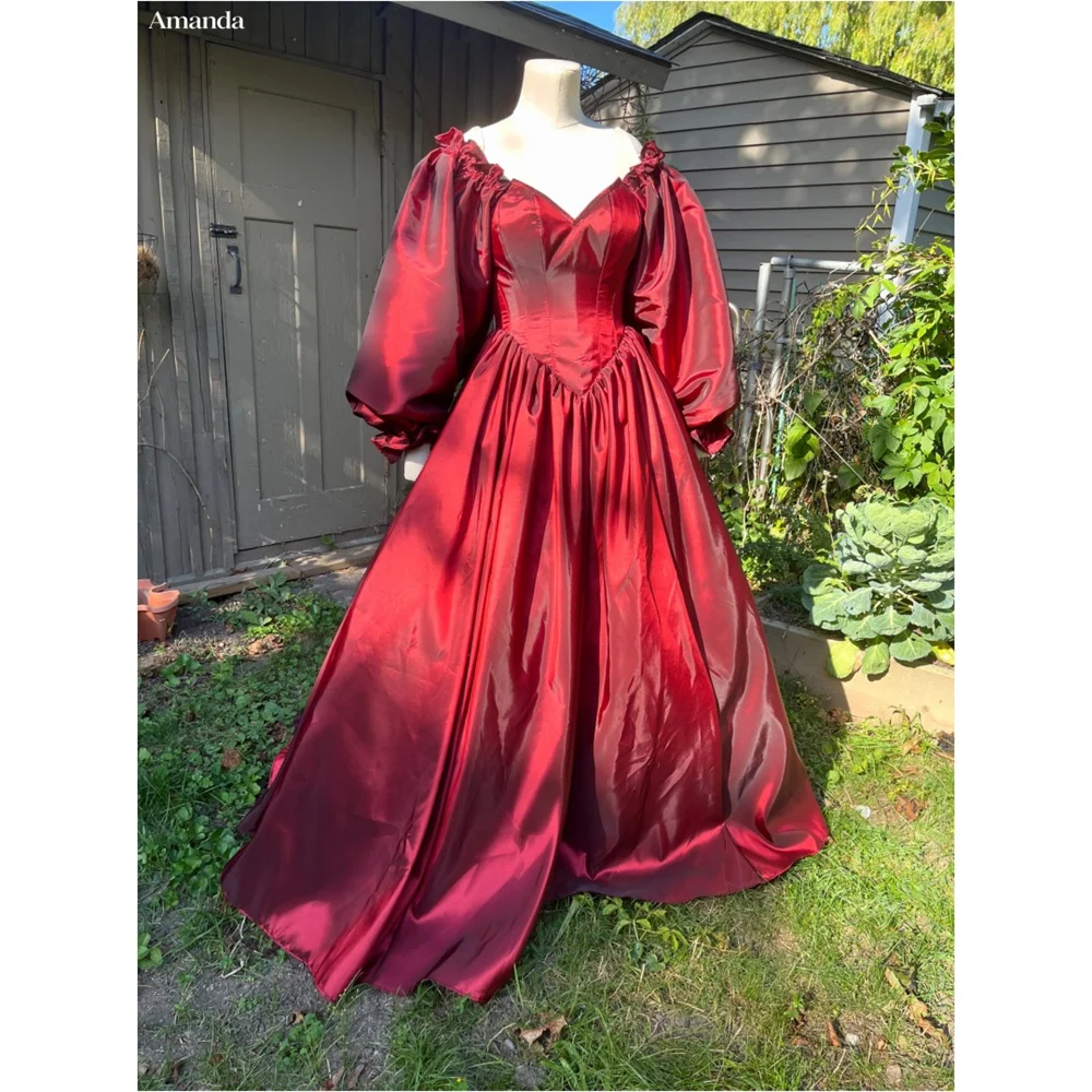 Amanda Customizd Sweetheart neck Puff sleeves Lace-up Corset Ball gown Evening dress Burgundy Satin Regal Opulent Prom dresses