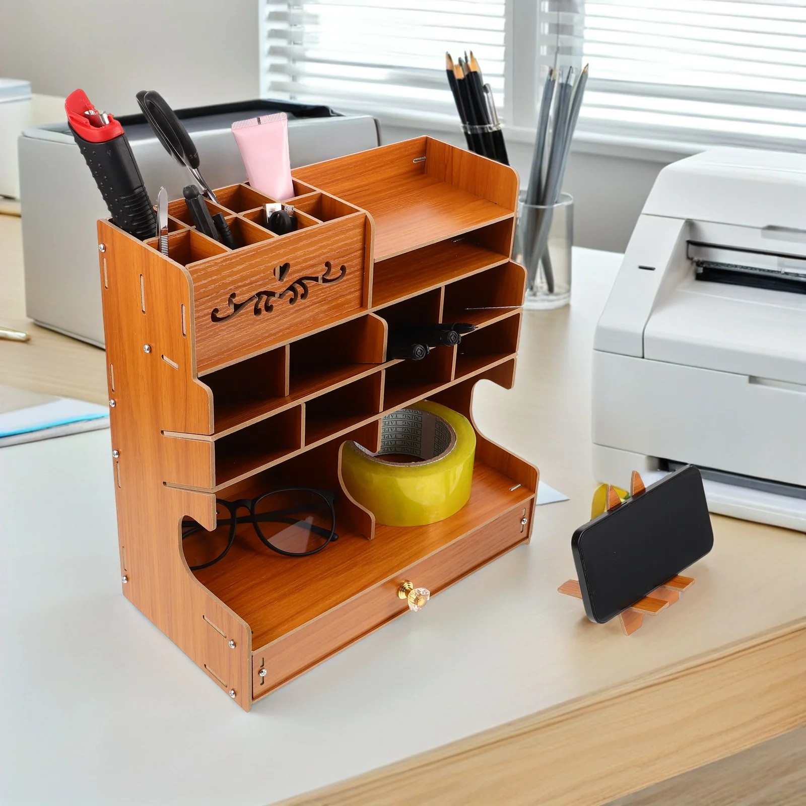 

Large Capacity Wood Pen Holder Stationery Organizer with Compartments for Office Desktop Storage Box for Stationery Pens