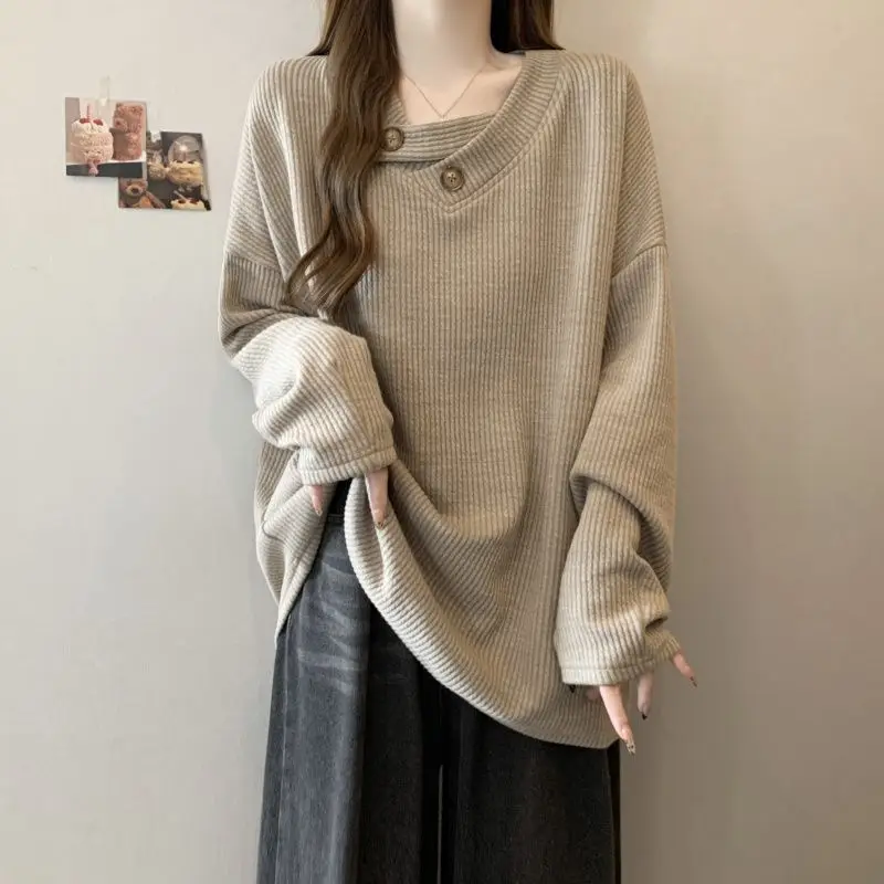 

Casual Screw Thread V-Neck T-shirt Spring Autumn Loose Solid Color Female Clothing Stylish Spliced Button Long Sleeve Pullovers