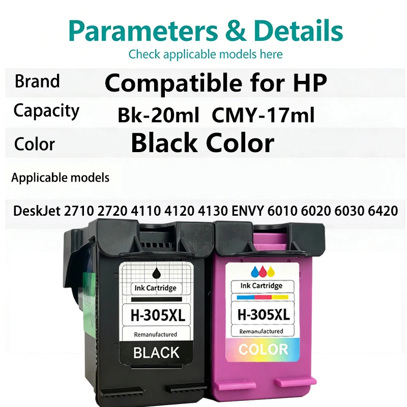 1 pcs BK/CL 305XL Compatible Ink Cartridge for HP 305 XL ENVY 6010 6020 6030 6420 DeskJet 2710 2720 4110 4120 4130 Printer