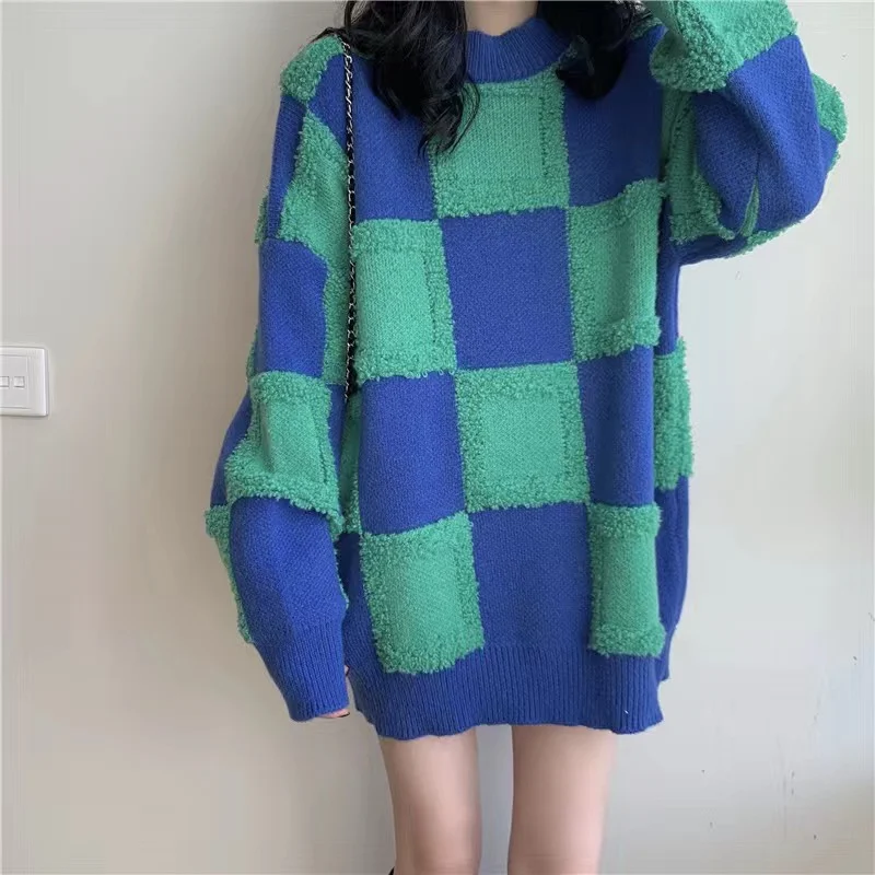 Women 2024 Plaid Chic Pullover Sweater Puff Sleeve Checkered Oversized Women\'s Sweaters Autumn Winter Sweater Tops Y2K Clothes