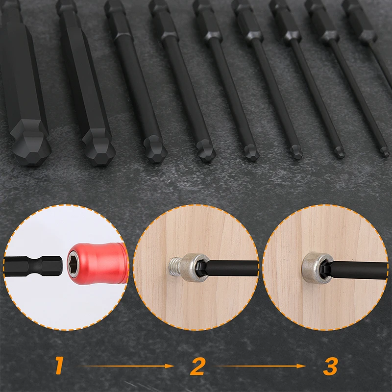 9Pcs 100mm Ball End Screwdriver Bits Hex Head Allen Wrench Drill Bit 1/4 Inch Hex Shank Magnetic Tip Hex Key Socket Driver Bits