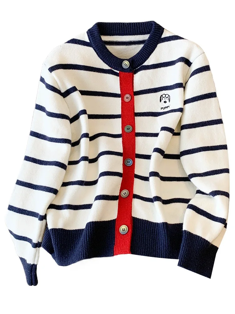 

Women's Loose Knitted Sweater Coat Stripe Pattern Early Autumn Slimming Outerwear Casual Sle Long Sve round Ne Button