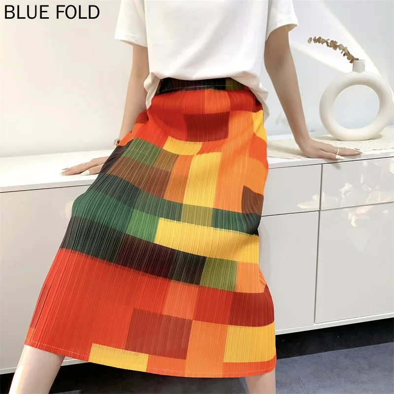 Summer rainbow mosaic print pleated all-match high waist slim skirt women's slits MIYAKE PLEATS faldas cortas ropa mujer