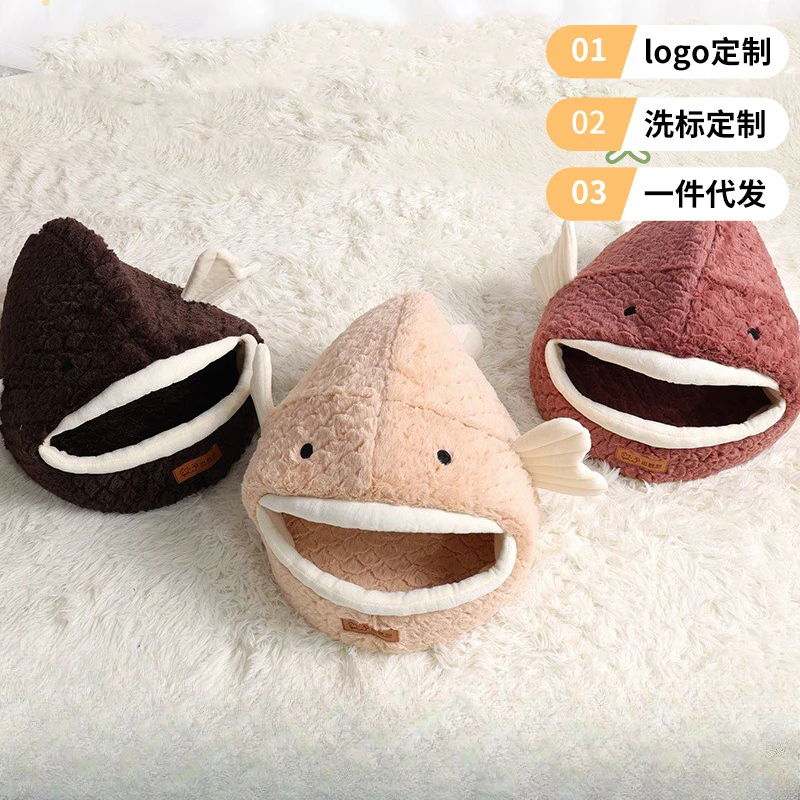 

Big Mouth Fish Cat Nest Autumn and Winter Warm Drilled Dog House Sponge Striped Pet Nest Semi-Enclosed