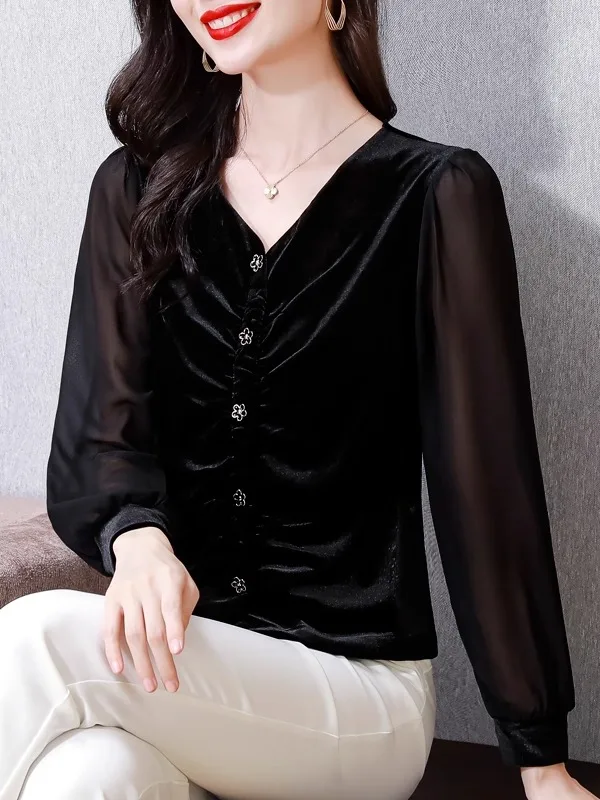 

Gold Velvet Single-Button V-Ne Women's irt Sli Slimming Faionable Top Commute Sle Korean Version Regular Sve