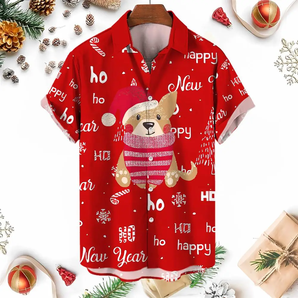 

New Year Men's Hawaiian 3D Printing Pattern Short Sleeve Shirts X'mas Casual Beachwear Fashion Lapels Santa Claus Party Clothing