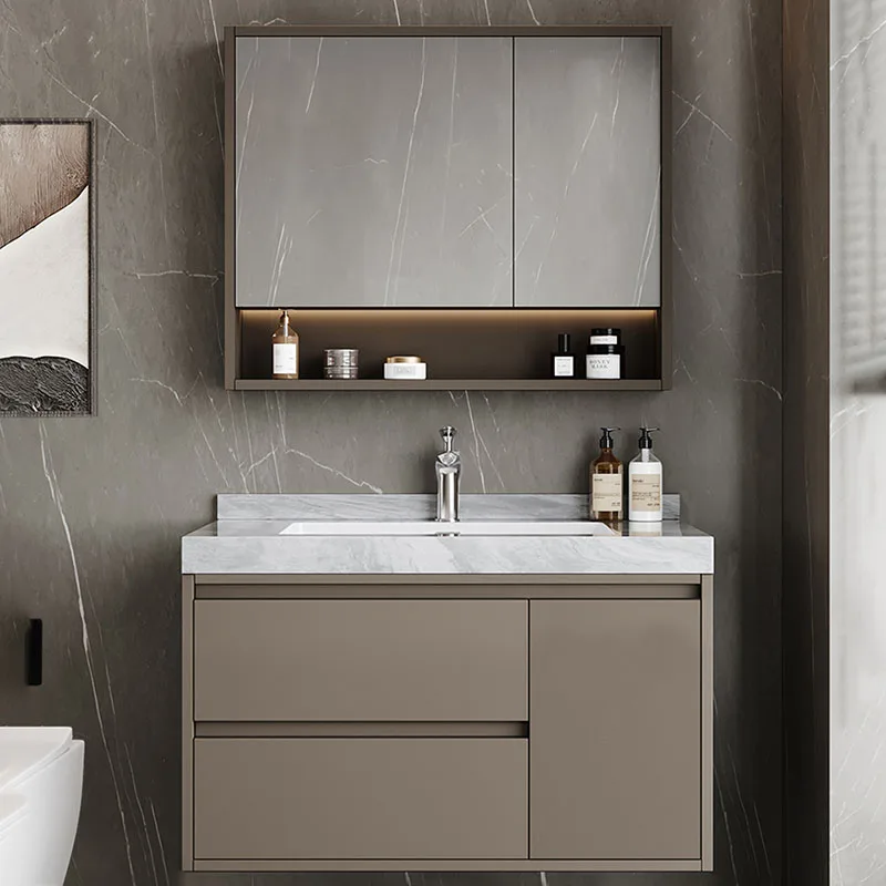 Rock Slab Seamless Basin Bathroom Cabinet Combination Solid Wood Modern Minimalist Cabinet Washbasin Armadietto Furniture YX50BC