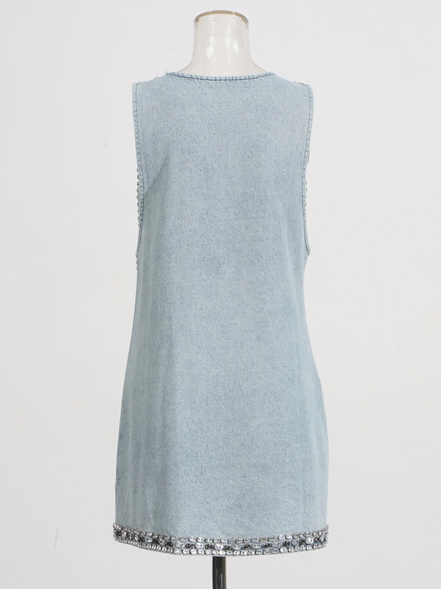 فساتين الدنيم الصلبة الفاخرة تقسم للنساء الخامس الرقبة مع الماس بلا أكمام عالية الخصر مزاجه فستان قصير الإناث #4