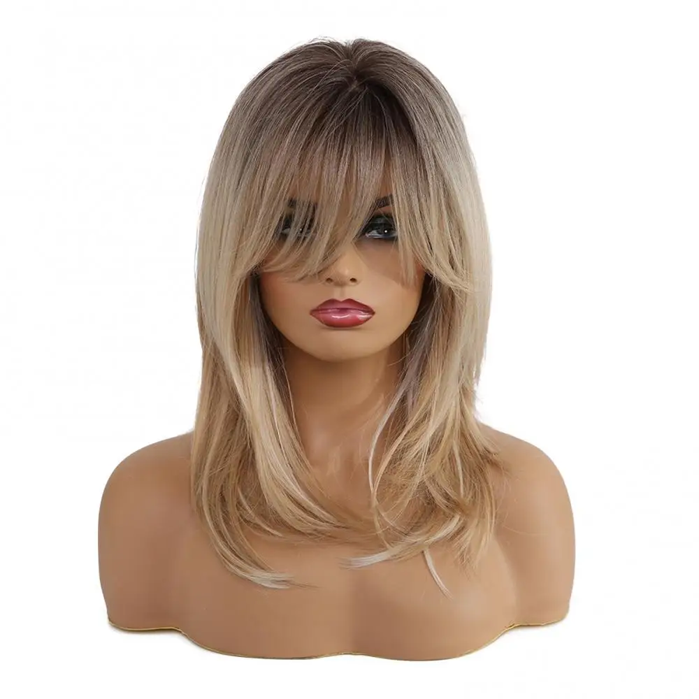 

Women Gradient Light Golden Sideswept Bangs Curly Wig Shoulder Length Hairpiece
