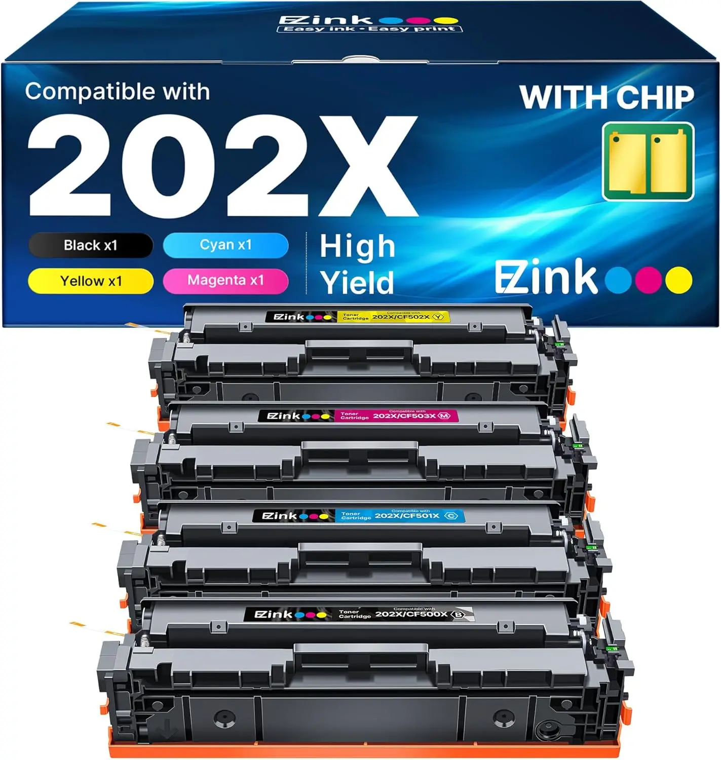 4-Pack High Yield 202X Toner Cartridges with Replacement Chip, Compatible for M281fdw M281cdw M281fdn M254dw M254 M281 Printers (Replaces CF500X CF500A 202A)