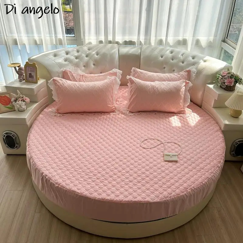 Pink Round Fitted Sheet Thick Cotton Quilting Romantic Round Bed Sheet Bedding Set Mattress Cover Family Home Themed Hotel #/