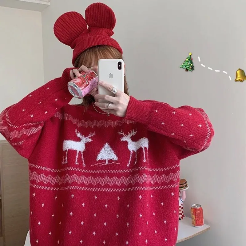 Christmas Red Cute Elk Print Sweater for Women Loose Autumn and Winter Korean Style Pullover Versatile