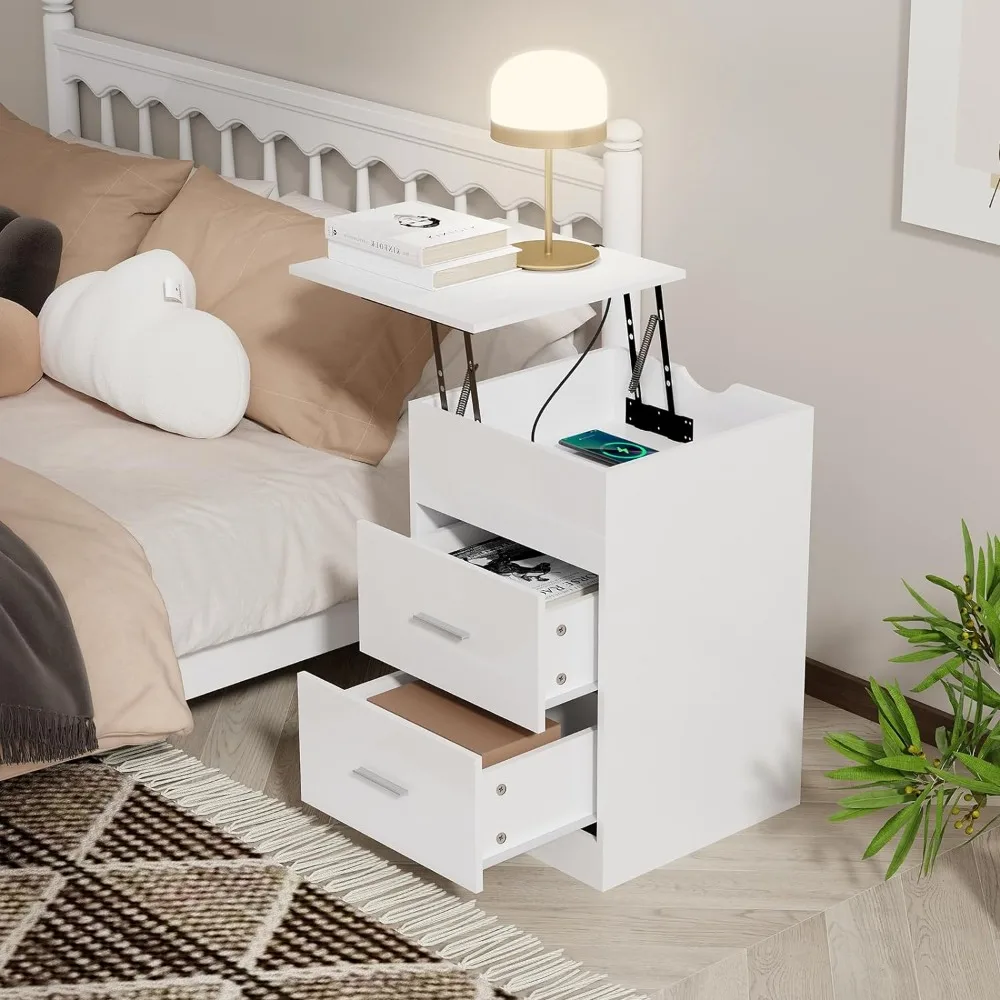 

With Lifting Table, Bedside Table with Drawers, with USB Port and Socket, Suitable for Bedroom, White