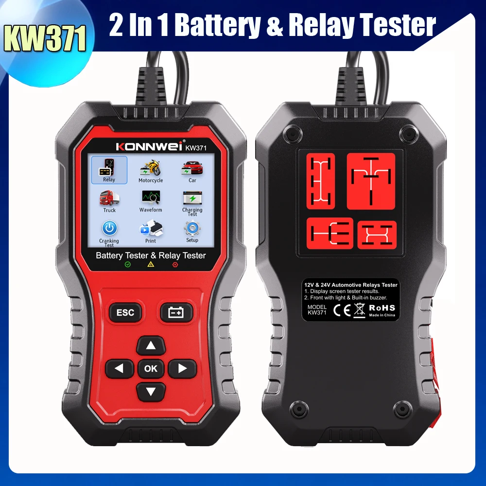 KW371 KONNWEI 2 IN 1 Car Battery Relay Tester 12V-24V Automotive Battery Analyzer 4/5 Pin Relay Diagnostic Tool Auto Repair Tool