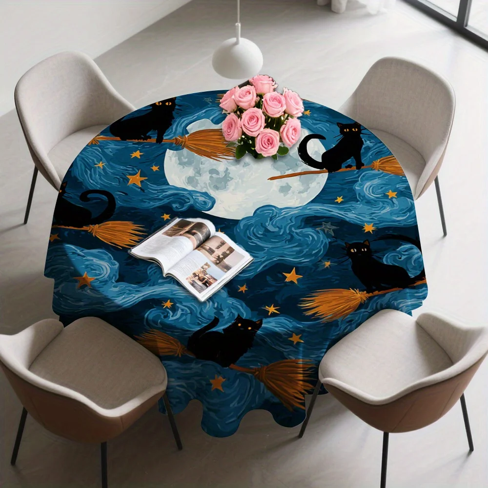 One Halloween-themed broom with a cat pattern in a round tablecloth - made of bright and colorful polyester fabric.zyc