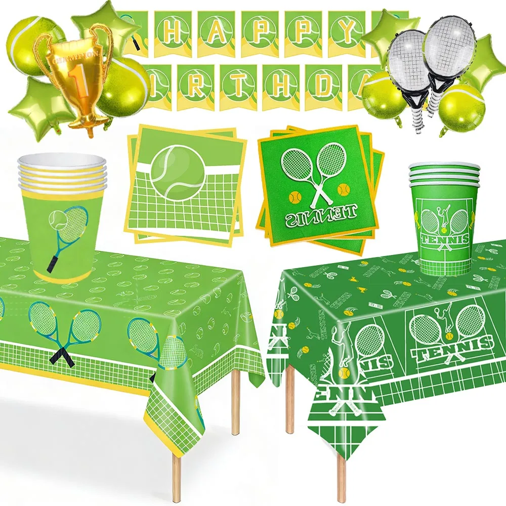 Articles de fête sur le thème du tennis : Vaisselle jetable, nappe, assiettes, serviettes, gobelets, ballons de tennis, décorations d'anniversaire sportives, cadeaux pour enfants