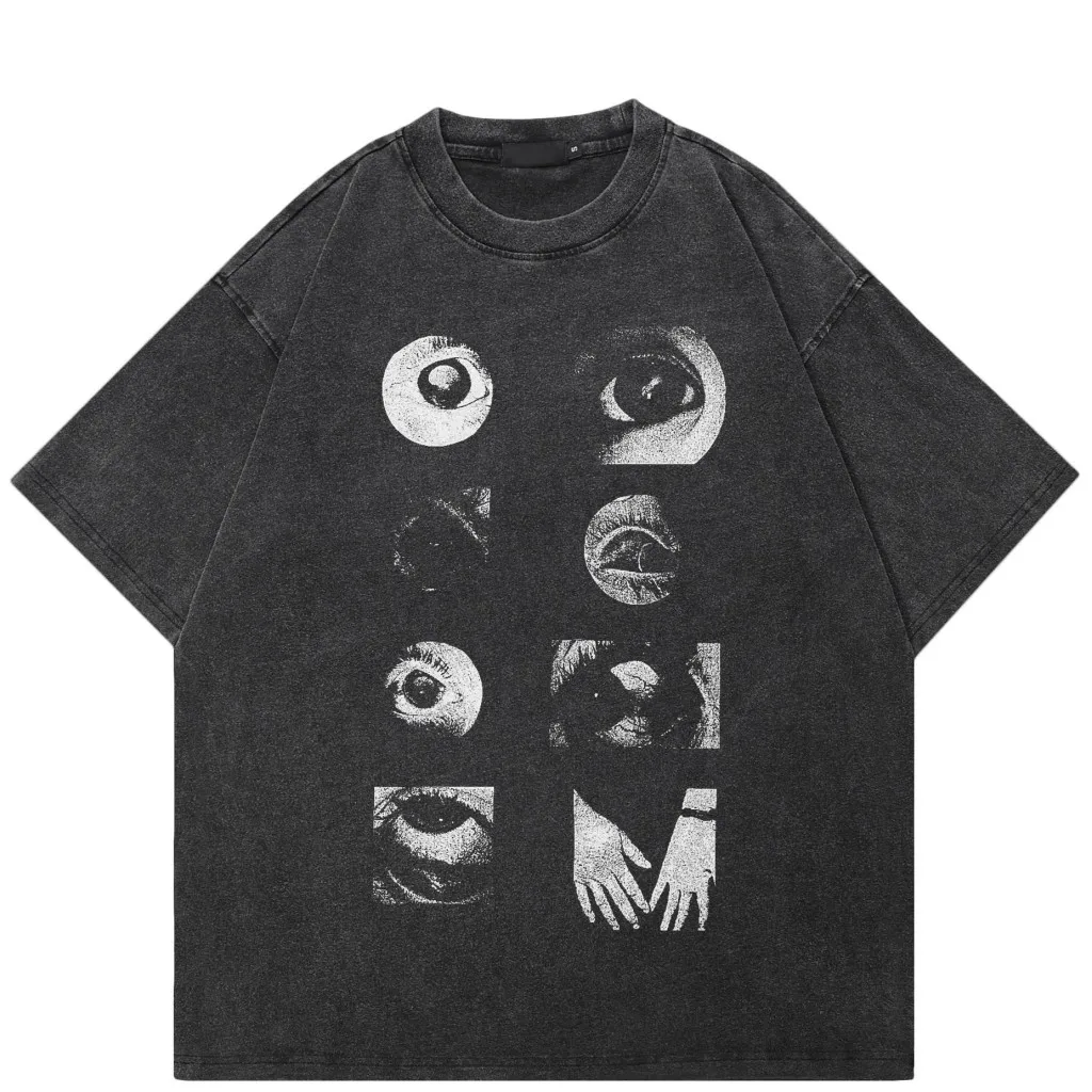 

New arrival harajuku eyes hands printing pattern t-shirt street hip hopretro washed t-shirt men and women 100% cotton tops