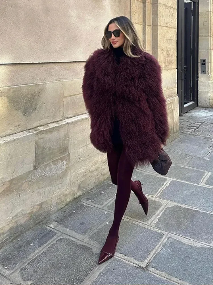 Fashion New Women Wine Red Fluffy Fur Coat Elegant Long Sleeve Thickened Oversize Warm Jacket Winter Lady New Highstreet Outwear