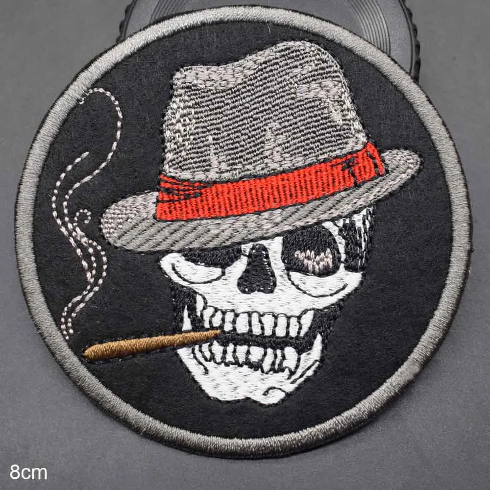 Cigarette Smoking Green Skull with Hat a Knife special forces Patches for Clothes Sew Iron on Appliques Round Badges