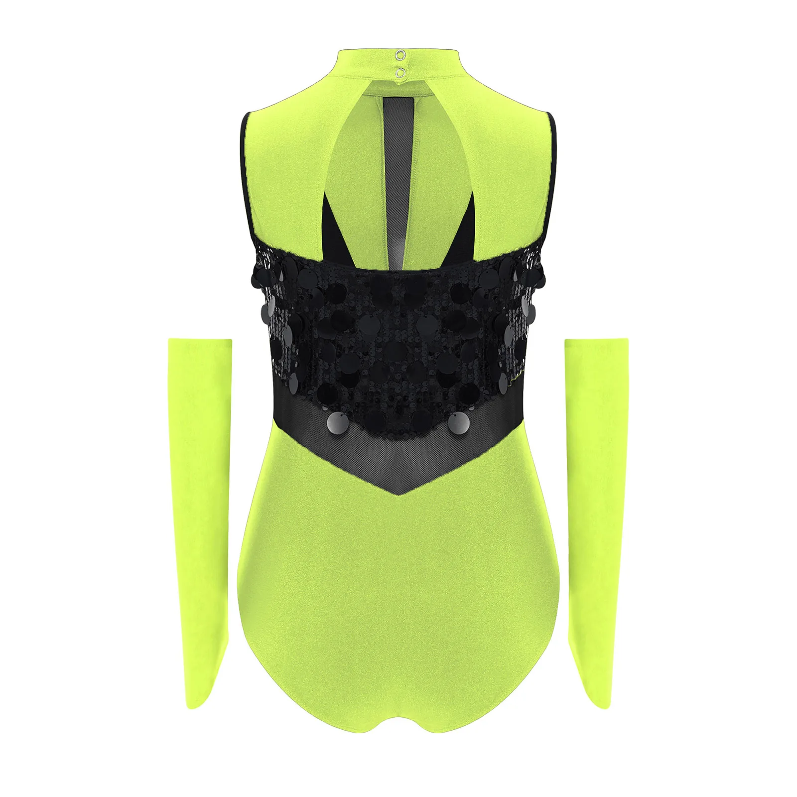 Girls Shiny Sequins Jazz Latin Dance Leotard Gymnastics Performance Outfit Sleeveless Leotard with Gloves Ballerina Dancewear