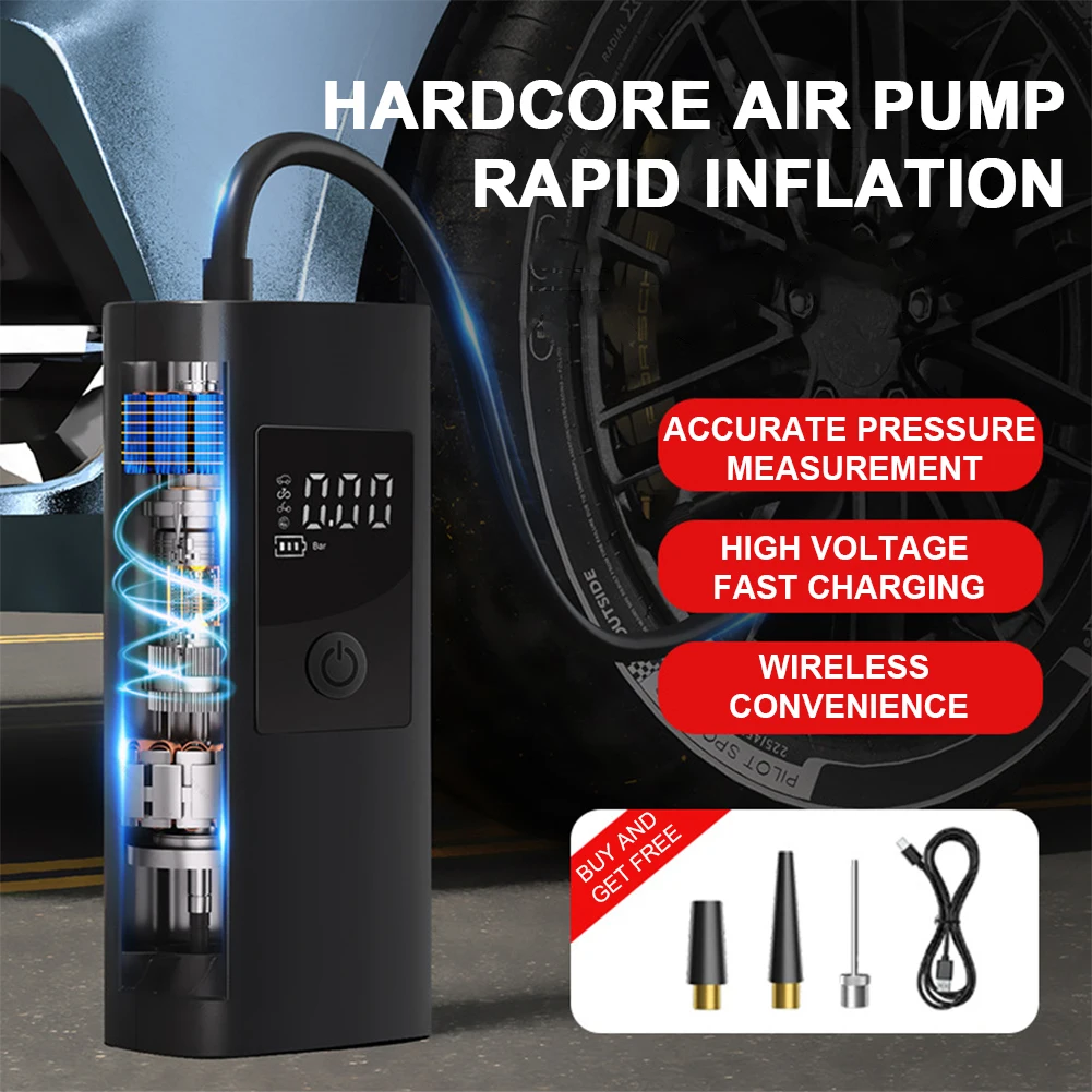 Electric Car Air Pump LCD Display Tire Inflatable Pump Rechargeable Car Wireless Air Compressor Suitable for Car Motorcycle Bike