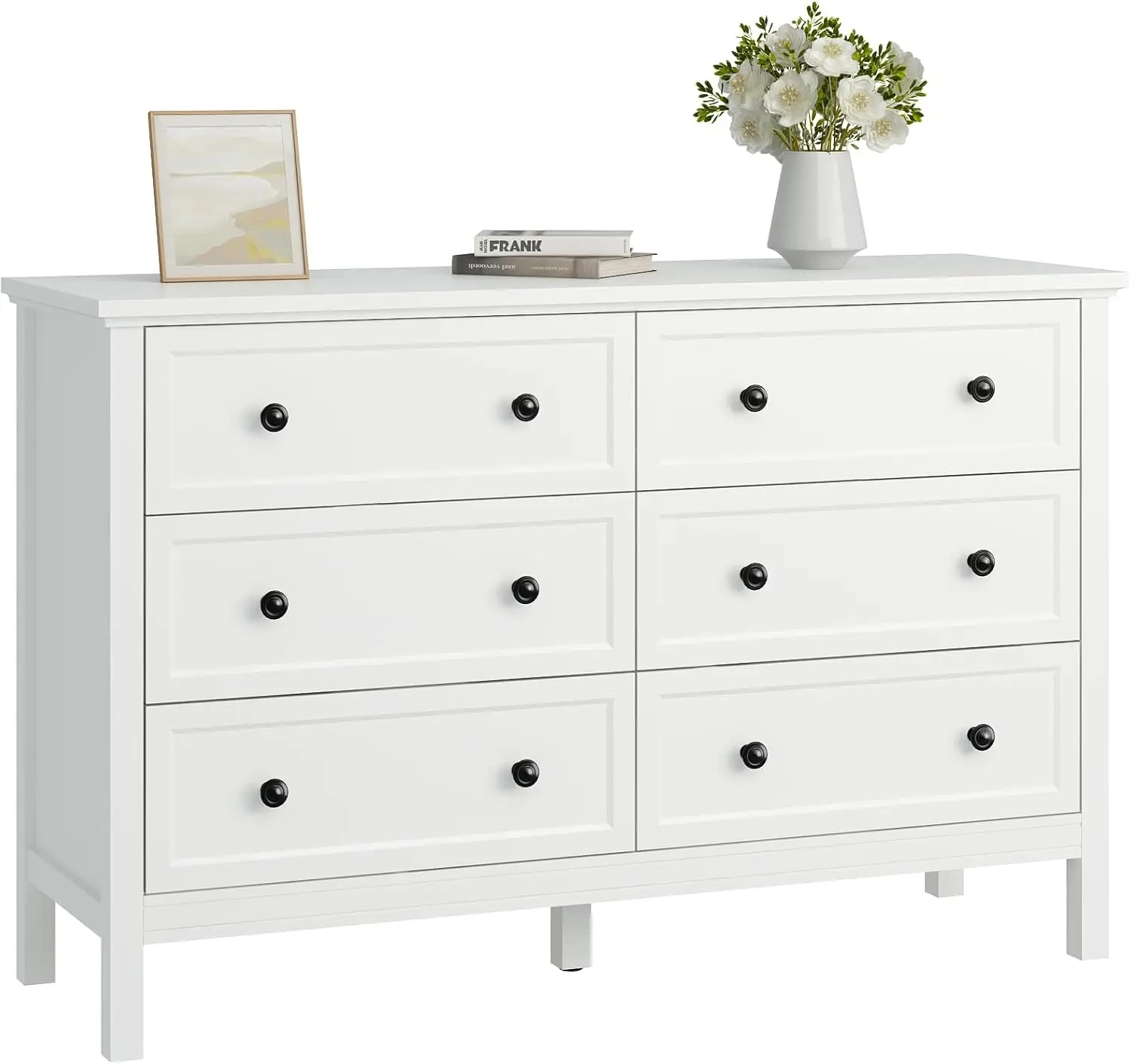 White Dresser for Bedroom, 6 Drawer Dresser with Wide Drawer and Metal Handles, Wood Dressers & Chests of Drawers for