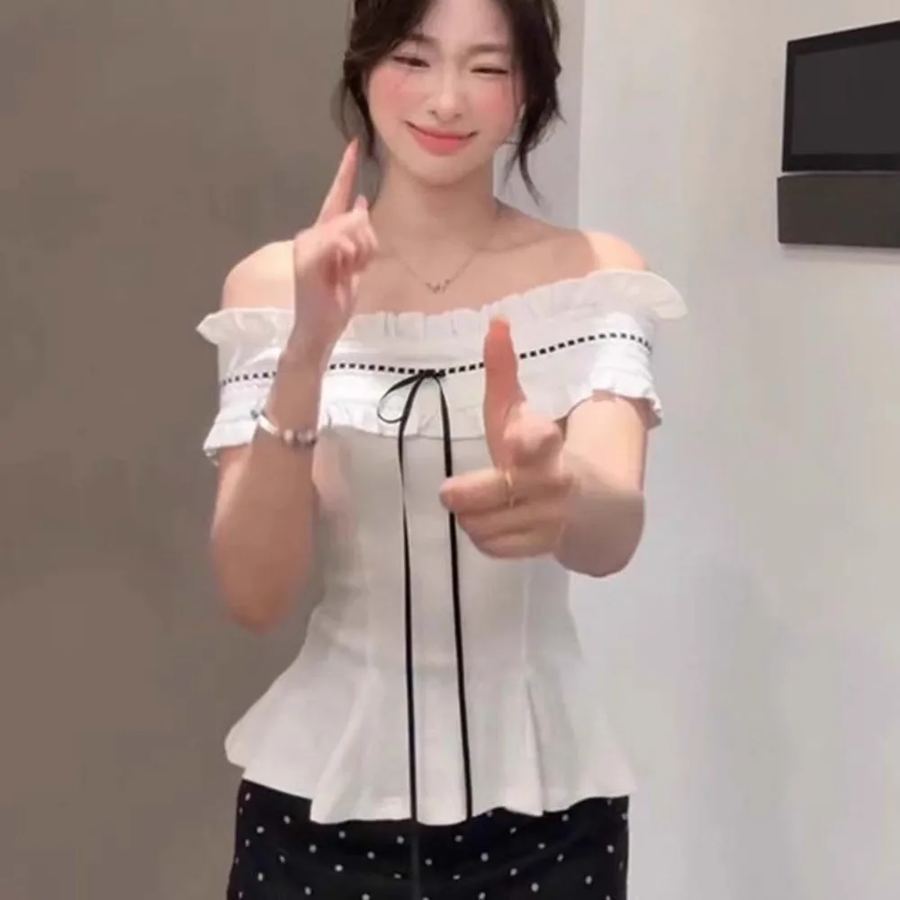 White Off-shoulder Ruffle Shirt Korean Y2K Ins Pleated Collar Ruffle Shirt Tops Lace-up Cute Bow Spicy Girl Style