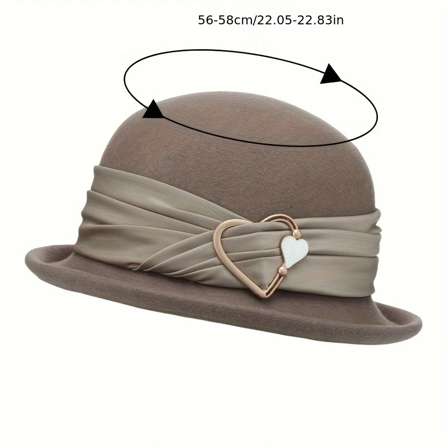 Elegant French Style Wool Bucket Hat Heart Buckle Ribbon Decor Basin Hats Warm Fedoras For Women Autumn & Winter